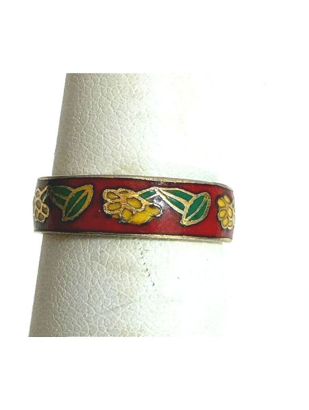 Vintage Floral Red Enamel Band Ring with Yellow Flowers Green Leaves Size 5.5